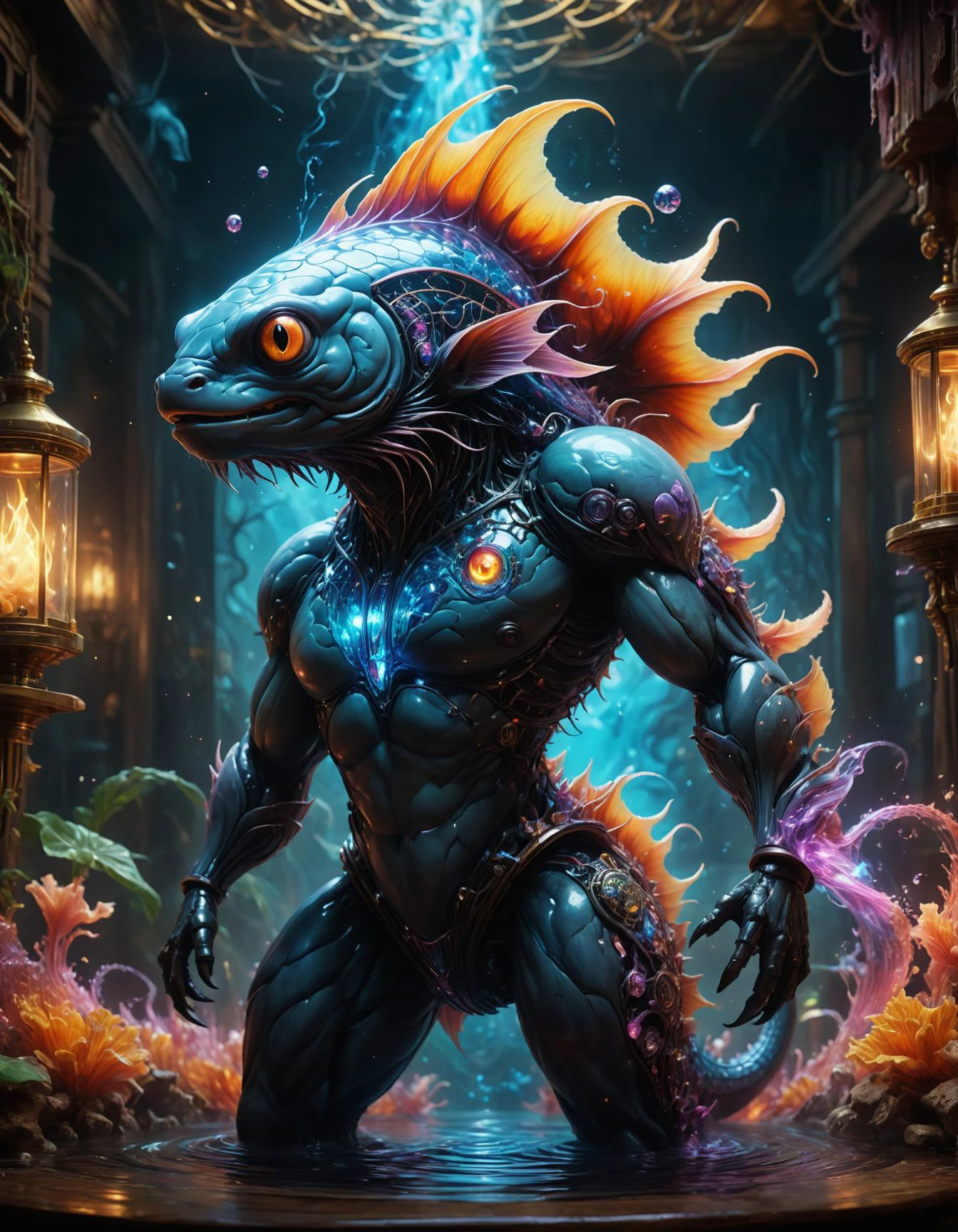 hyper detailed masterpiece, dynamic realistic digital art, awesome quality,tortuous world,crystal-clear barracks,artificial intelligence demesne fog,mind control, dimensional,beyond the boundary,Sooty,pyro,esoteric,vintage,gaseous,fine dining, chimera , humanoid upper body,fish tail, muscular physique, enchanting alluring appearance, aquatic beauty, aquatic hues, strength, mythtic allure, depth of the sea, brain chemistry, psychosomatic, subconscious mind, place cell network, insecure,unconscious,concentrated, <lora:SDXLFaeTastic2400:0.8>, <lora:LCMTurboMix_Euler_A_fix:1>