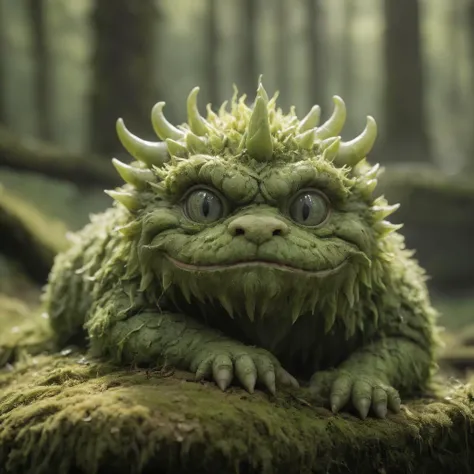 Moss Dragon, Covered in soft, green moss, (Soft Focus), (f_stop 4.5), (focal_length 135mm) f/4.5, (resting) atop an ancient (stone) ruin, (dewy) morning ambiance, (forest) backdrop with (sunlight) peeking through, captured on a (Leica SL2-S), symbolizing (growth), (timelessness)