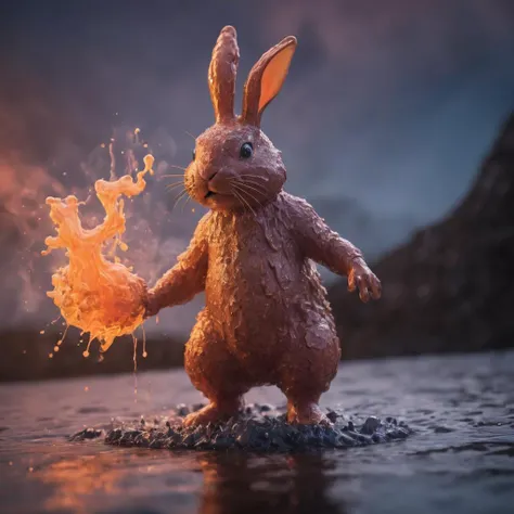 Rabbit made of water, (erupting) volcano background, (glistening) in lava glow, (Sharp Focus), (f_stop 2.8), (focal_length 85mm) f/2.8, high contrast, (dynamic) steam swirls, (reflective) surface, twilight lighting, captured on a (Nikon D850)