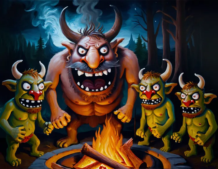 Satyr,Enlarging into a monster,Campfire stories illuminated faces, insanely detailed, rich deep moody colors, Vibrant Colours, a masterpiece, <lora:LojkinXL:0.8> oil paint, painting,