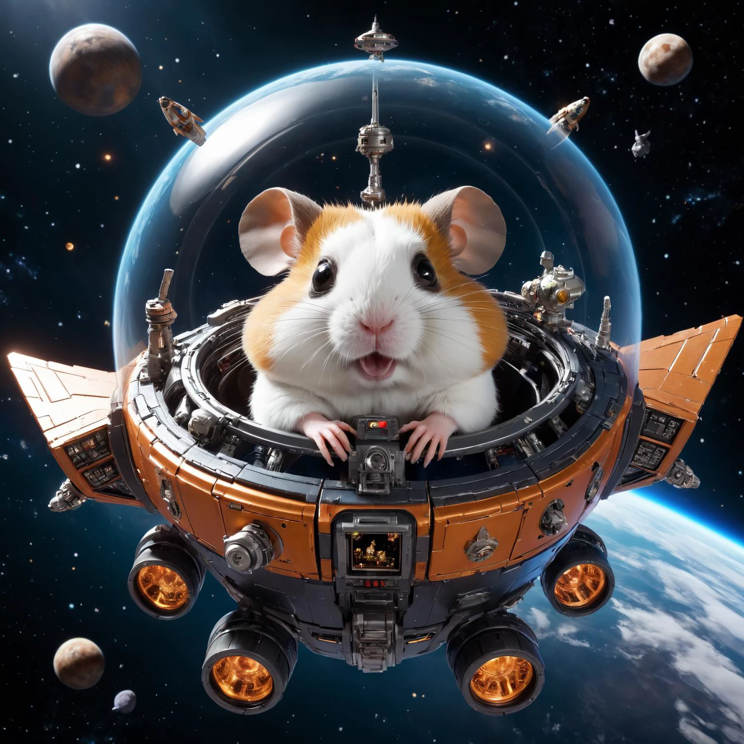 (full external view:1.2) of a small spaceship (flying in space cosmos:1.1) with a hamster pilot at the control levers