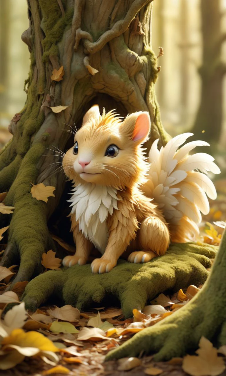 Charming griffin cub, (nestled) in a bed of (soft) moss under an ancient (oak tree:1.2), (fluffy) feathers, (inquiring) look, playing with (falling) leaves, in a (sun-dappled) forest clearing, illustrated in the gentle, dreamy style of Jill Barklemâs Brambly Hedge, (serene) afternoon, (warm) golden tones, (relaxing) scene, (cuddly) appearance, evoking (contentment), (whimsy)