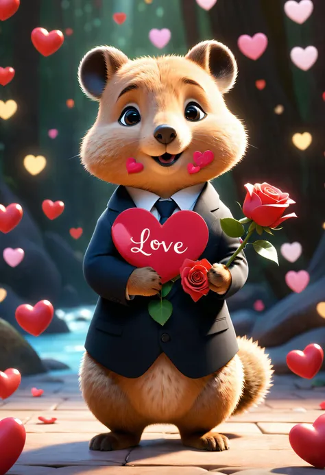 <lora:Horde_HQR_XL:-0.8> an adorably cute pixar cartoon of a quokka wearing a suit and holding a rose, surrounded by love hearts in a romantic scene that resembles a movie poster. Award-winning Digital art of the highest quality using 8k uhd focus stacking