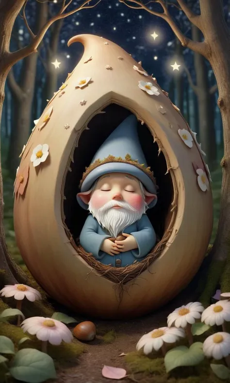 Sleepy gnome toddler, (snuggled) inside a hollowed-out acorn, (soft) beard barely a fuzz, wearing a (tiny) pointed hat, surrounded by (petal) blankets, under a (starlit) sky, in the heart of a (mystical) forest, art style reminiscent of Elsa Beskow, (gentle) moonlight, (tranquil) ambiance, (soporific) aura, capturing (innocence), (dreaminess)