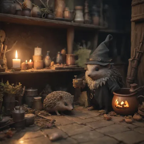 Tiny hedgehog, witch's cabin, forest edge, (f_stop 4.0), (focal_length 50mm), curious snout, bubbling cauldrons, shadowy figures, ancient spells, flickering candles, magical aura, cozy warmth