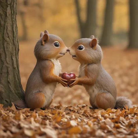 Squirrels sharing a heart-shaped nut, oak tree nook, (f_stop 2.0), (focal_length 85mm), bushy tails, sparkling eyes, hidden retreat, playful games, autumn leaves, tender moments, joyous discovery, cozy snuggles, whimsical love