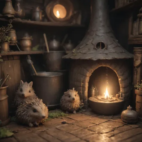 Tiny hedgehog, witch's cabin, forest edge, (f_stop 4.0), (focal_length 50mm), curious snout, bubbling cauldrons, shadowy figures, ancient spells, flickering candles, magical aura, cozy warmth