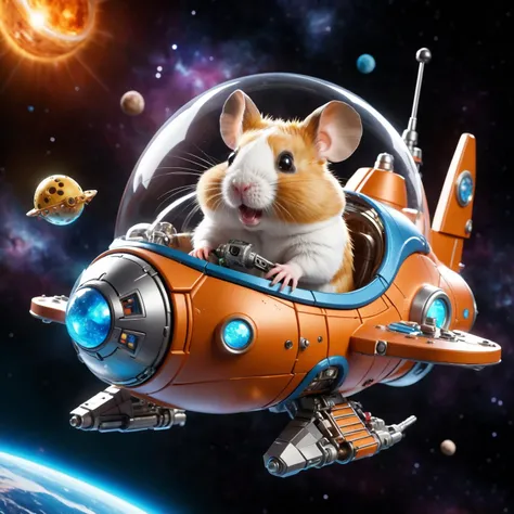 (full external view:1.2) of a small spaceship (flying in space cosmos:1.1) with a hamster pilot at the control levers