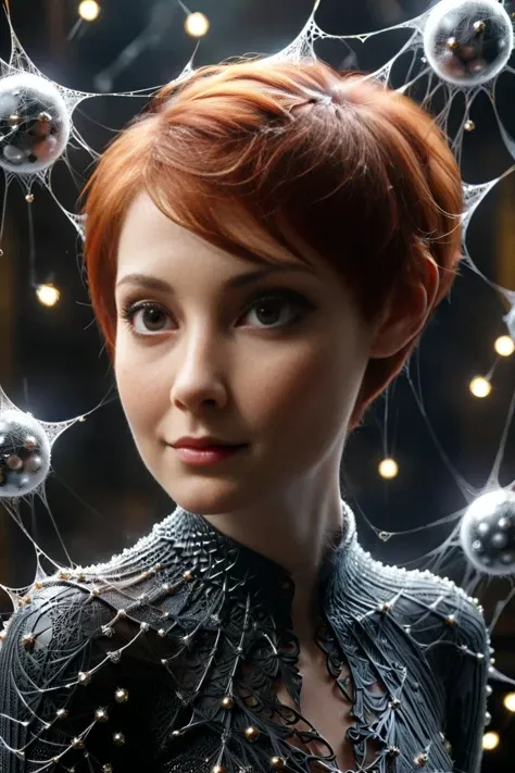 award-winning photography of 1girl made of ais-webz and carbonfiber, magical, red hair, short pixie cut, smiling, detailed face, eyeliner, irish girl, intricate details, wonderland, unity, 8k, wallpaper, best quality, masterpiece, realism, raw photo, hyper realistic, sharp focus, sharp details,, tapioca balls <lora:Cobweb_Style_SDXL:1> <lora:CarbonFIberXLv1:0.8>