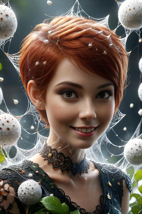 award-winning photography of 1girl made of ais-webz, magical, red hair, short pixie cut, smiling, detailed face, eyeliner, irish girl, intricate details, wonderland, unity, 8k, wallpaper, best quality, masterpiece, realism, raw photo, hyper realistic, sharp focus, sharp details,, tapioca balls <lora:Cobweb_Style_SDXL:1>