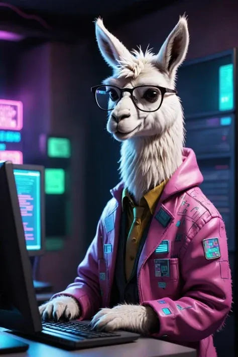 prompt_g: an anthropomorphic llama wearing glasses reading computer code, wearing jacket and pants, in a cyberpunk style room with neon lights and hologram monitors
prompt_l: an anthropomorphic llama wearing glasses reading computer code, neon cyberpunk