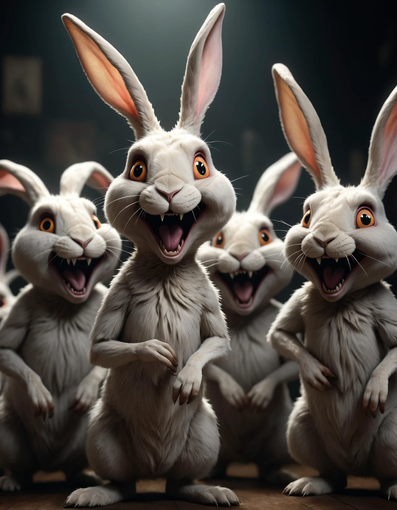 a group of mutated rabbit creatures laughing and pointing at each other in a dark room, The creatures are smiling , Horror photo, Highly detailed. 4k, Dramatic, by Rineke Dijkstra, by David Yudley, by Stephen Gammell, by William Kaluta, by HP Lovecraft, masterpiece, Trending on artstation, award winning, cinematic, hyper realism, octane render, 8k, depth of field, bokeh, iridescent accents, vibrant