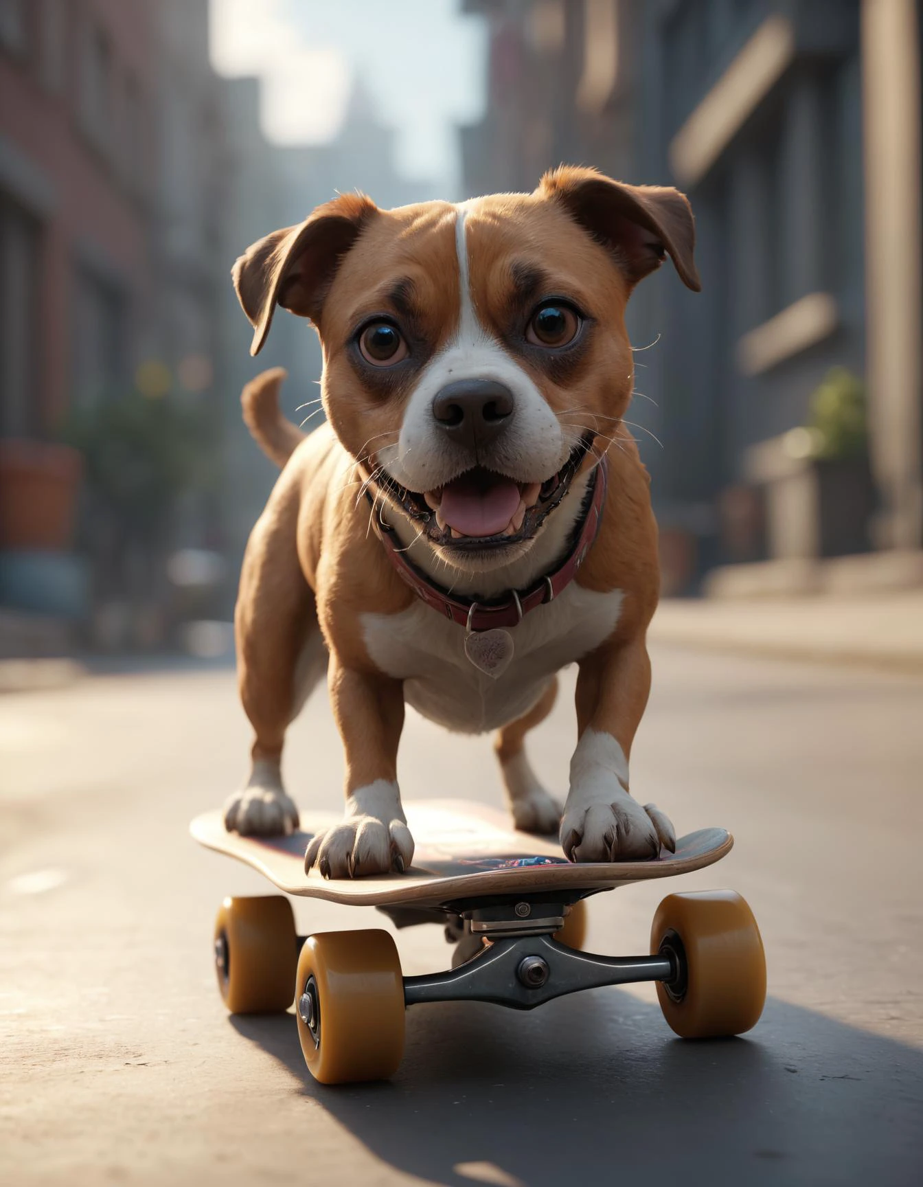 dog doing skate, photorealistic unreal engine, dynamic lighting, high detail, 4k, artstation, concept art, octane render, wide angle lens, shallow depth of field, 8k, highly detailed, hyper realistic, in the style of Chris Calebignski and Jorge Jim Kay and Mike Savicke, 8k, matte painting, ray tracing, intense atmosphere, detailed and intricate, ornate, cinematic lighting, 4k, hyper realistic, super detailed, realistic, cinematic