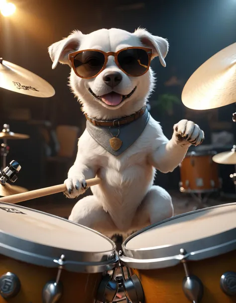 dog playing drums and wearing sunglasses, photorealistic  unreal engine, dynamic lighting, high detail, 4k, artstation, concept art, octane render, wide angle lens, shallow depth of field, 8k, highly detailed, hyper realistic, in the style of Chris Calebignski and Jorge Jim Kay and Mike Savicke, 8k, matte painting, ray tracing, intense atmosphere, detailed and intricate, ornate, cinematic lighting, 4k, hyper realistic, super detailed, realistic, cinematic