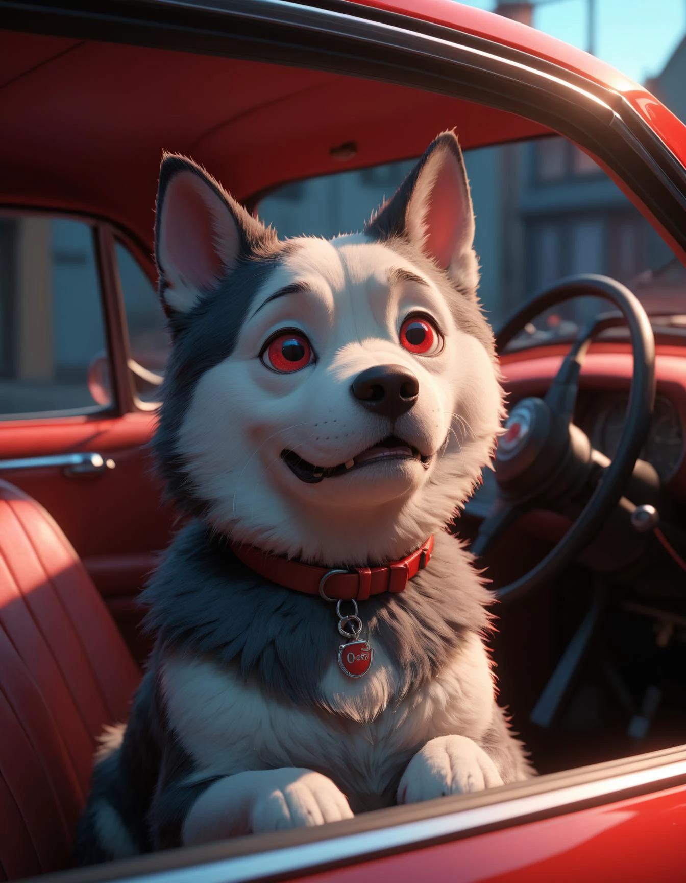 dog sitting in a car, octane render, 4k, 8k, HD, studio ghibli, pixar, disney, dynamic lighting, trending on artstation, 35mm, very coherent symmetrical artwork, cinematic, hyper realism, high detail, octane render, 8k, iridescent accents, 8k, red accents, Soft light, red reflections, Soft light, Copyright Tagus, dark shadows, F1.2, red details, realistic, photo realistic, hyper realistic