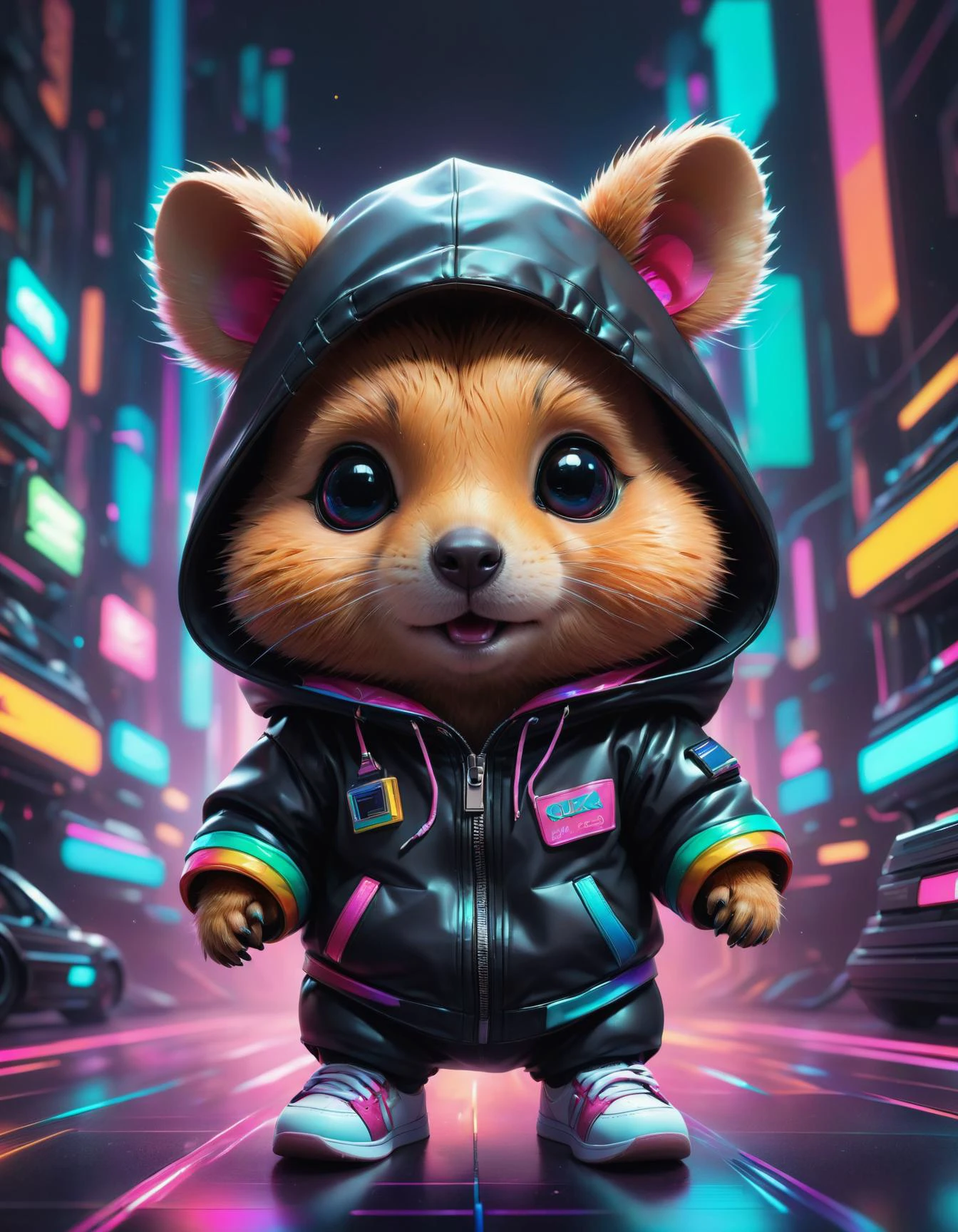a cute Quokka with colourful tiny sneakers dressed in black mantle, made by Yoshitaka Amano, character design by Ross Tran, cgsociety, artstation trending, retrofuturism, retrowave, synthwave, outrun, portrait, <lora:SDXLFaeTastic2400:0.8>