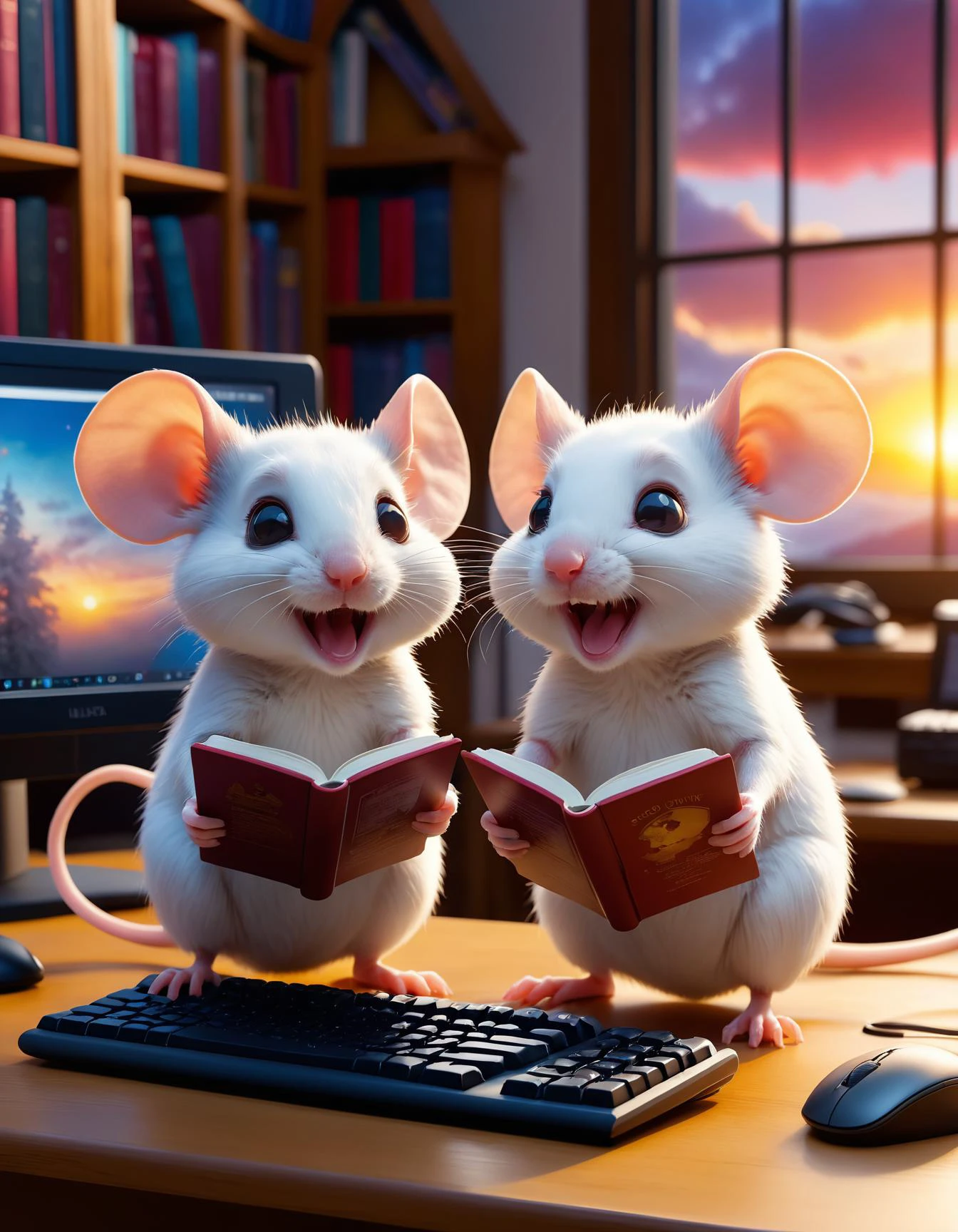 2cute Mice reading, with mischievous smile,( in front of computer, screen , keyboard:1.1), Wonder, Controlling, burgundy, Breathtaking Sunrise, Scientific Library, Fog