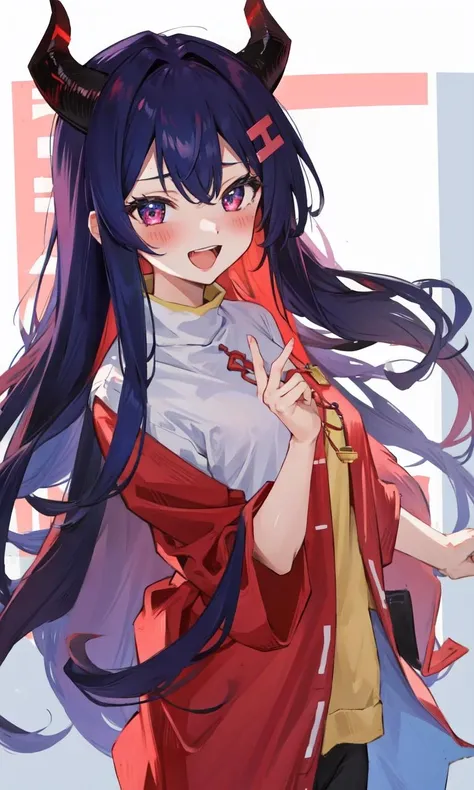 <lora:DevilEYE:1> 1girl, looking at viewer, solo, long hair, blush, smile, horns, open mouth, demon_girl,