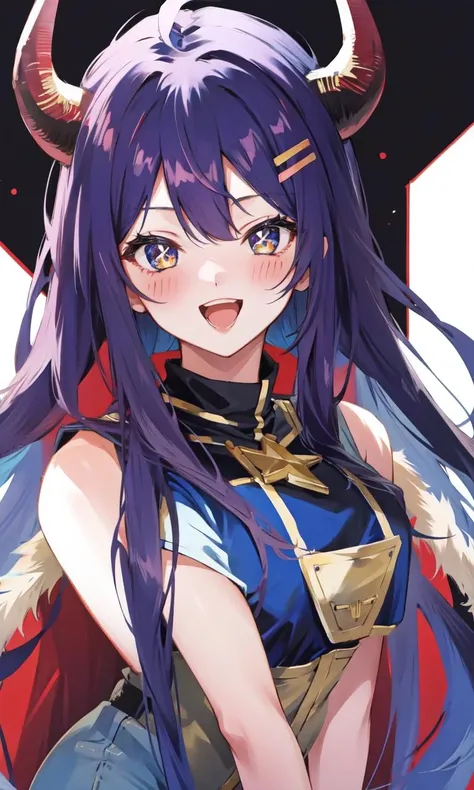 <lora:DevilEYE:1>  1girl, looking at viewer,  solo,  long hair,  blush,  smile,  horns,  open mouth,   demon_girl,
