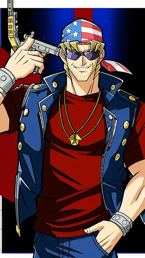 <lora:Bandit Keith - Yu-Gi-Oh:0.7> Bandit Keith, 1boy, blond hair, blue eyes, sunglasses, bandana with USA Flag <lora:Gun2HeadV4:0.6> g2h, gun to head, handgun, holding gun, fg2h, fingergun, masterpiece, best quality, extremely detailed, highly quality, 4k, sharp focus, professional, sharp focus, award winning, cinematic lighting, octane render, unreal engine, volumetrics dtx, Wallpaper,