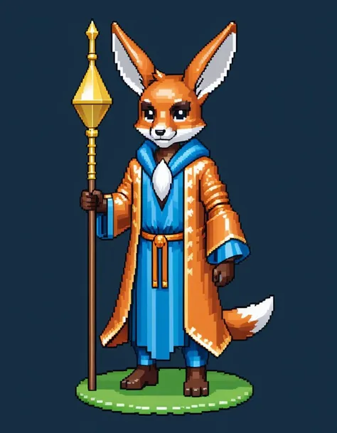 eboy style isometric pixel art, A humanoid figure with rabbit ears and fox tail. Holding a staff and wearing a robe. Fantasy art.