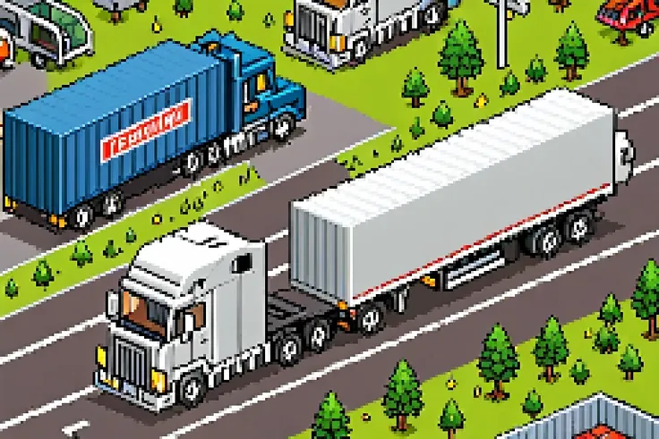highly detailed isometric pixelart close-up of a semi trailer truck, eboy style <lora:Eboy_Pixelart_Style_XL>