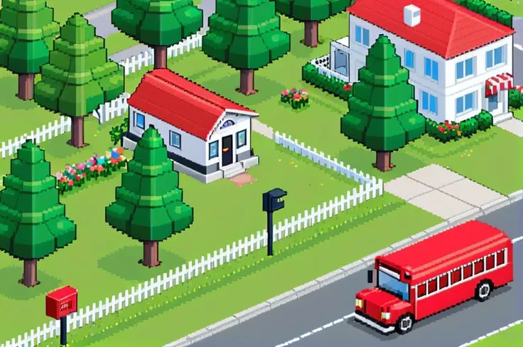 pixel-art of <lora:Eboy_Pixelart_Style_XL:0.8> eboy style , red bus on the road, street, trees, sidewalk, grass, suburban house, white fence, mail box, , low-res, blocky, pixel art style, 8-bit graphics