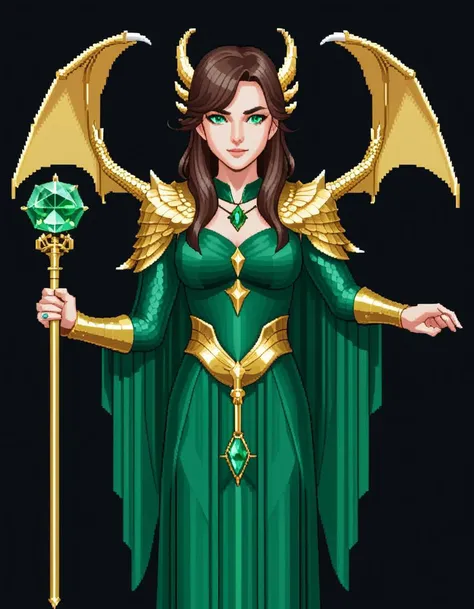 eboy style isometric pixel art, A fantasy portrait of a woman with dragon wings and emerald eyes. The woman wears a flowing blue dress and holds a staff with a golden top. A D&D character portrait.