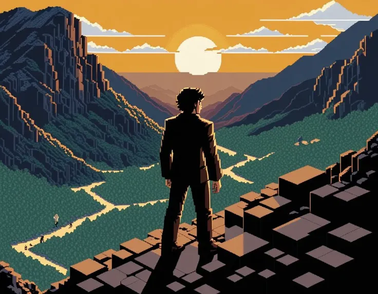 eboy style isometric pixel art, Heroic figure, silhouetted against setting sun, rugged terrain, high contrast, reminiscent of Ansel Adams' style