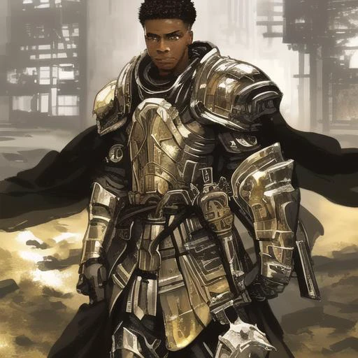 (full body portrait:1.2), (long shot:1.2), (extremely handsome African American cleric male), soldier, black robes and black armor, Rebecca Guay, Akihiko Yoshida, Posuka Demizu, Ayami Kojima, high detail digital art, (raining), film grain, (urban warzone setting:1.3), lively expression, (soulful eyes), (expressive eyes)