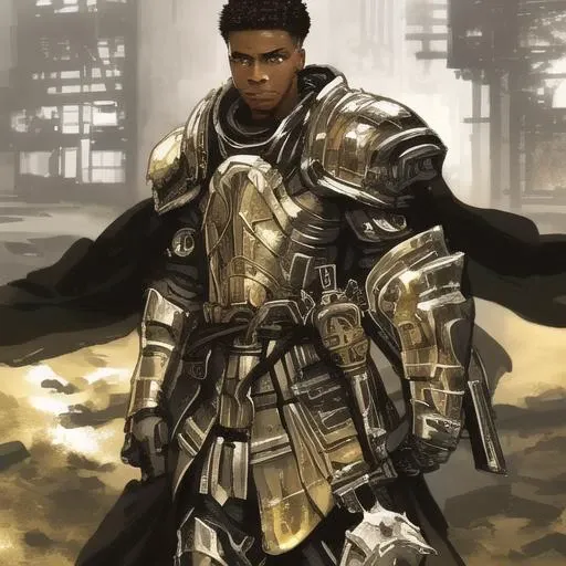 (full body portrait:1.2), (long shot:1.2), (extremely handsome African American cleric male), soldier,  black robes and black armor, Rebecca Guay, Akihiko Yoshida, Posuka Demizu, Ayami Kojima, high detail digital art, (raining), film grain, (urban warzone setting:1.3), lively expression, (soulful eyes), (expressive eyes)