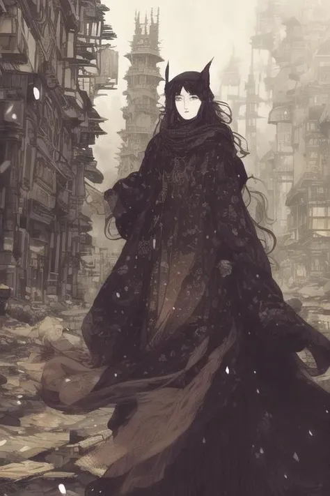 (full body portrait:1.2), (long shot:1.2), (extremely beautiful wizard woman), black robes, Rebecca Guay, Akihiko Yoshida, Posuka Demizu, Ayami Kojima, high detail digital art, (raining), film grain, (urban warzone setting:1.3), lively expression, (soulful eyes), (expressive eyes)