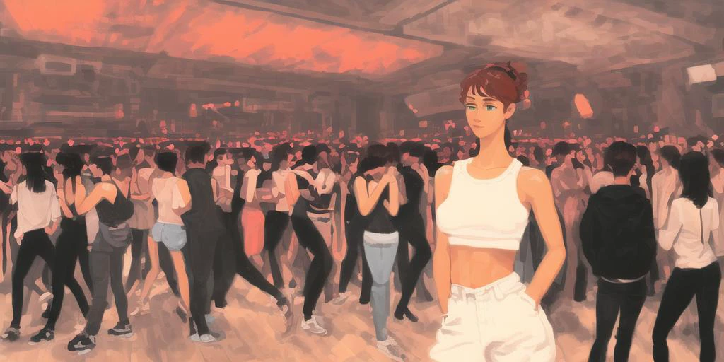 cmodel, digital illustration, (masterpiece:1.2), (high quality:1.2), (nightclub:1.3), extremely beautiful young female lost in the crowd, streetwear, skinny, (abs:1.2), (bloom:1.2),