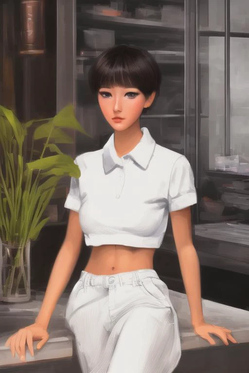 cmodel, digital illustration, (masterpiece:1.2), high quality, detailed eyes, extremely beautiful young female, short hair, streetwear, thicc, (abs:1.2), (bloom:1.2)