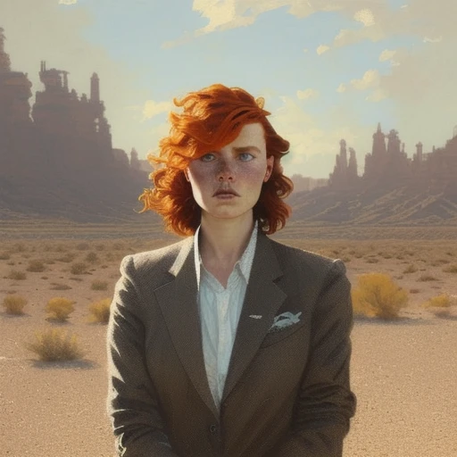 cmodel, bust portrait of a businesswoman, in the desert, redhead, slightly chubby, office clothes, messy hair, dirt on face, looking ((amazed)), looking (concerned), concept art, realistic, highly detailed, detailed eyes+face, detailed eyes, by Greg Rutkowski, by Alphonse Mucha