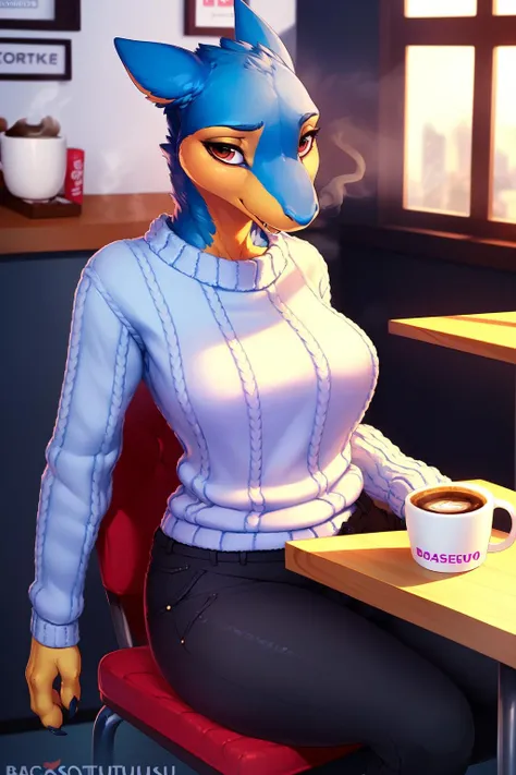 fluff-kevlar, ((nsfw)) by Zackary911, by Kenket, by Kilinah, by fluff-kevlar, (masterpiece), (best quality), (anthro furry:1.3, snout:1.2, anthro:1.3, furry:1.2, solo female:1.2), (extremely detailed:1.3), (extremely detailed eyes), (muscular figure, thick figure), (wide hips), (thick thighs), (big breasts), choker, wearing an off-shoulder sweater, day time, (coffee shop background), sitting in a booth visible vagina, (perfect posture, king expression),