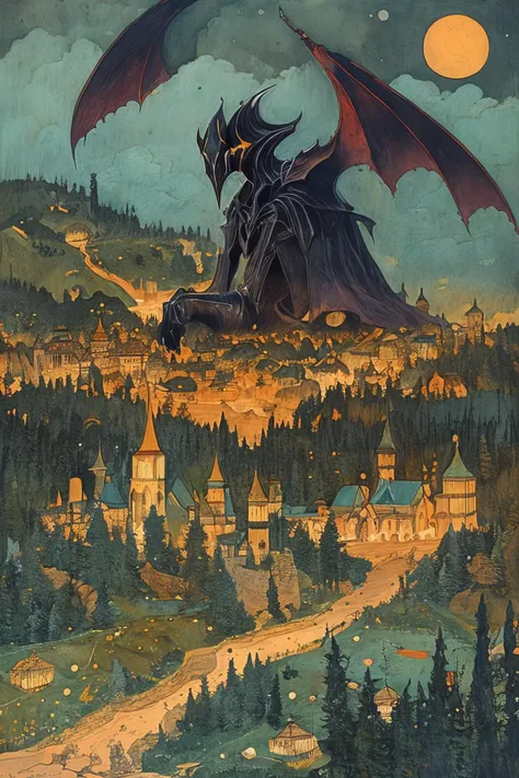 masterpiece,best quality,<lora:tbh166-:1>,illustration,style of Ivan Bilibin, Nazgul over sleeping town