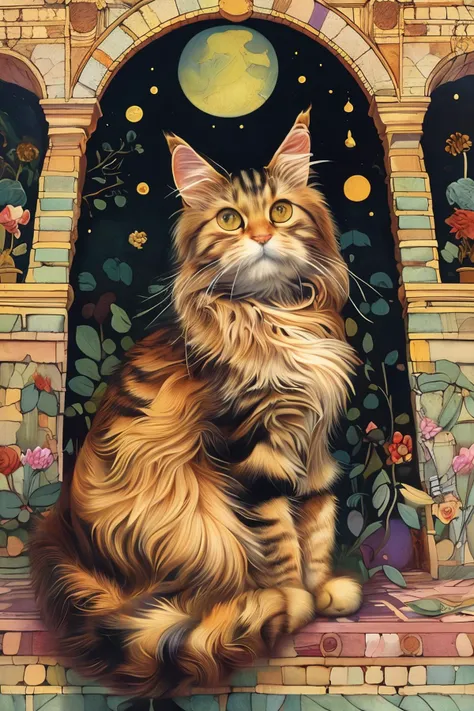 masterpiece,best quality,<lora:tbh166-:1>,illustration,style of Ivan Bilibin, cute Mainecoon cat and Abyssinian cat