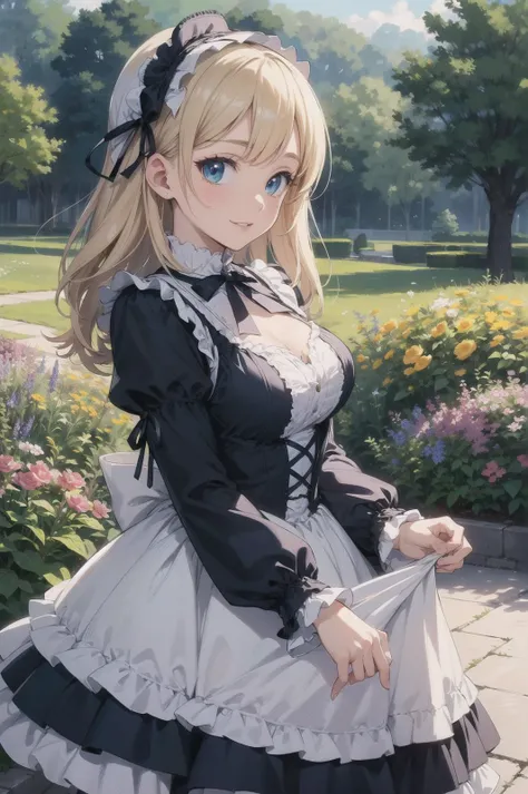 masterpiece, (best quality, ultra-detailed:1.6), (ultra high res:1.5),super fine (anime),(sharp focus), (insanely detailed:1.3),(detailed face:1.1),(perfect anatomy), delicate (cel animation),
from front view, 1 anime cute girl,(cute face:1.1),cute body, sexy big breasts, blonde straight hair,ice blue eyes, (tareme:1.4), kindly smile,(Spring, flower blooming gardenscape:1.3),no holding,outdoor,(frilly_lolita fashion:1.4),cowboy shot,snapshot