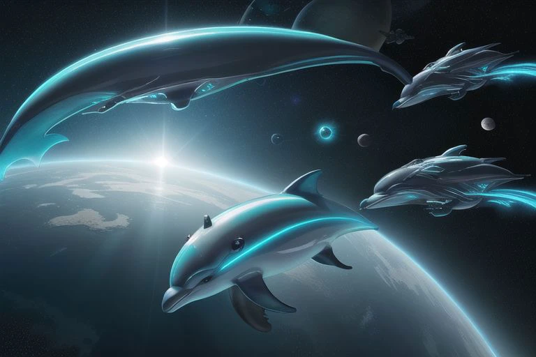 score_7_up, score_8_up, score_9_up.
Cybernetic dolphins in deep space speeding towards an M class planet. The light from a nearby star shining on the dolphins metallic skin.