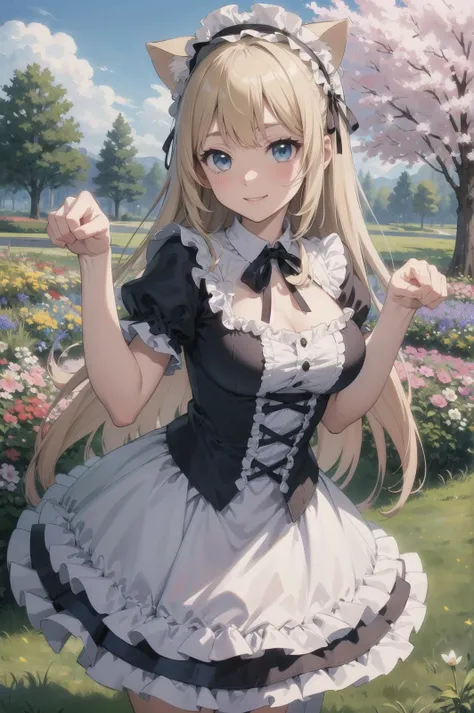 masterpiece, (best quality, ultra-detailed:1.6), (ultra high res:1.5),super fine (anime drawing),(sharp focus), (insanely detailed:1.3),(detailed face:1.1),(perfect anatomy), delicate drawn (cel animation),
from front view, 1 anime cute girl,(cute face:1.1),sexy body, sexy large breasts, blonde straight hair,ice blue eyes, (tareme:1.4), kindly shy smile,(frilly_ta fashion:1.3),(nekomimi- headdress),no holding,cowboy shot,(paw pose:1.2),(Spring, flower blooming gardenscape:1.3),outdoor,