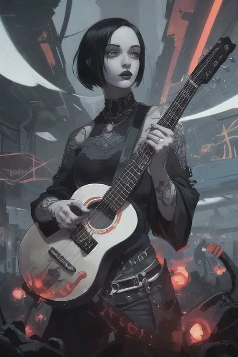 Female, grey skin, goth clothing, gothic tattoos, bard, cyberpunk-bob-cut, playing lute, dark, 4k, beautiful, color_scheme: black and red, fantasy