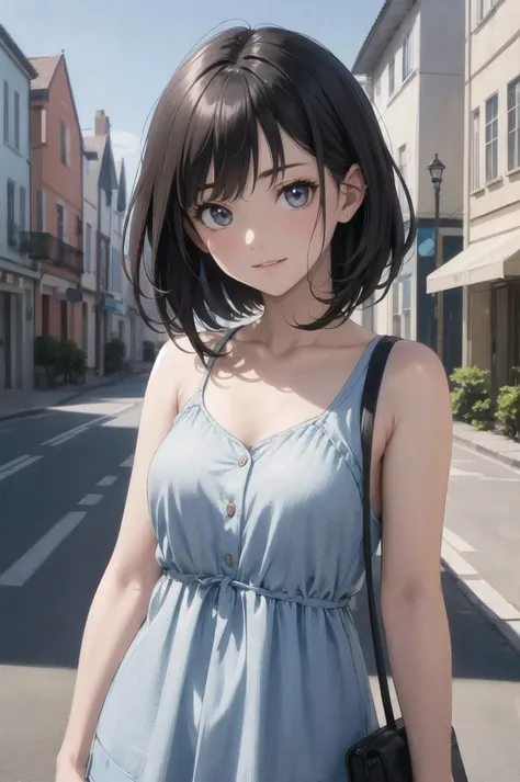 masterpiece, (best quality, ultra-detailed:1.6), (ultra high res:1.5), (sharp focus), (insanely detailed:1.3), (detailed anime face:1.1), (perfect anatomy), super fine (cel animation), (1 anime (kawaii :1.3) girl),(cute anime face:1.4),(medium hair,right bule_hair:1.2),kindly smile,(townscape in photoreal background:1.4),at street, medium body, long lenge, panorama view,blue sky,(heartwarming short trip atmosphere),less revealing summer one piece fashion,