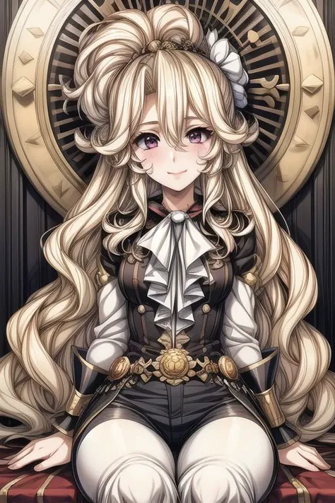 masterpiece, Lily Kokoschka , best quality, best quality, ultra-detailed, highres,sharp focus,(ultra detailed,extremely detailed), 1girl,(masterpiece, best quality), LilyKOKOSCHKA, 1girl, solo, long hair, blonde hair, hair between eyes, uniform, ascot, wavy hair, eyes visible through hair, white ascot, riding pants, small breasts, sitting, hungry clicker
