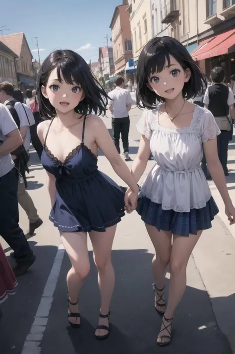 masterpiece, (best quality, ultra-detailed:1.6), (ultra high res:1.5), (sharp focus), (insanely detailed:1.3), (detailed face:1.1), (perfect anatomy), super fine (cel animation), (1 anime (kawaii childish little:1.1) girl),(cute face:1.1),pointy nose,(medium hair,right bule_hair:1.2),kindly smile,;D,medium breasts,(photoreal townscape in background:1.4),crowd, full body, panorama view,blue sky,(fantasic atmosphere),less revealing summer dress,crowd