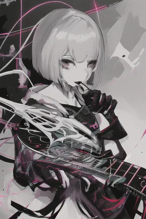 Female, grey skin, goth clothing, gothic tattoos, bard, cyberpunk-bob-cut, playing lute, dark, 4k, beautiful, color_scheme: black and red, fantasy