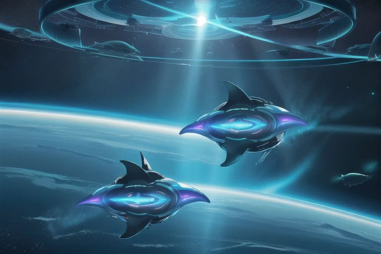 score_7_up, score_8_up, score_9_up.
Cybernetic dolphins in deep space speeding towards an M class planet. The light from a nearby star shining on the dolphins metallic skin.
