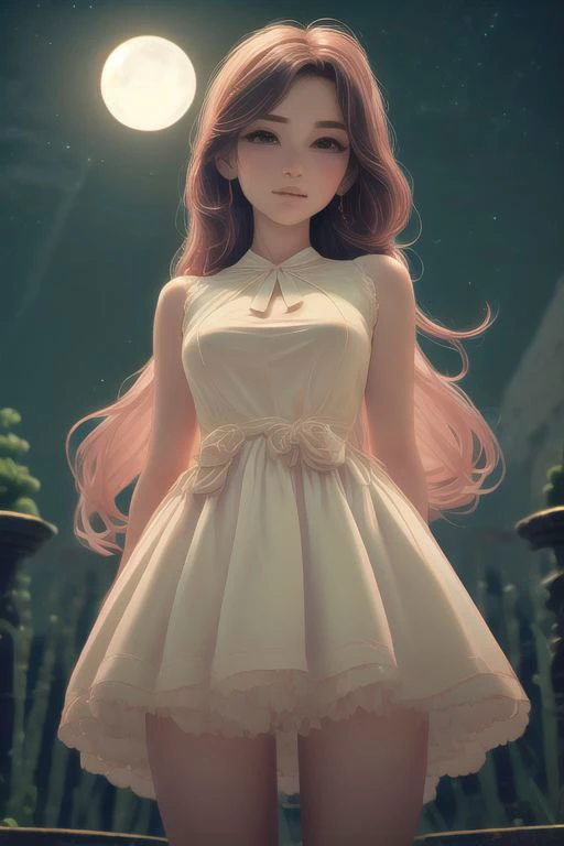 Girls wearing square neck dresses are in a park with a full moon and night view at night