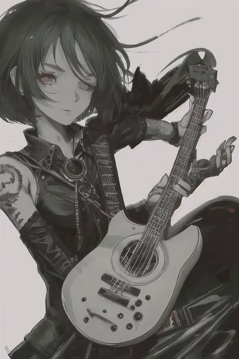 Female, grey skin, goth clothing, gothic tattoos, bard, cyberpunk-bob-cut, playing lute, dark, 4k, beautiful, color_scheme: black and red, fantasy