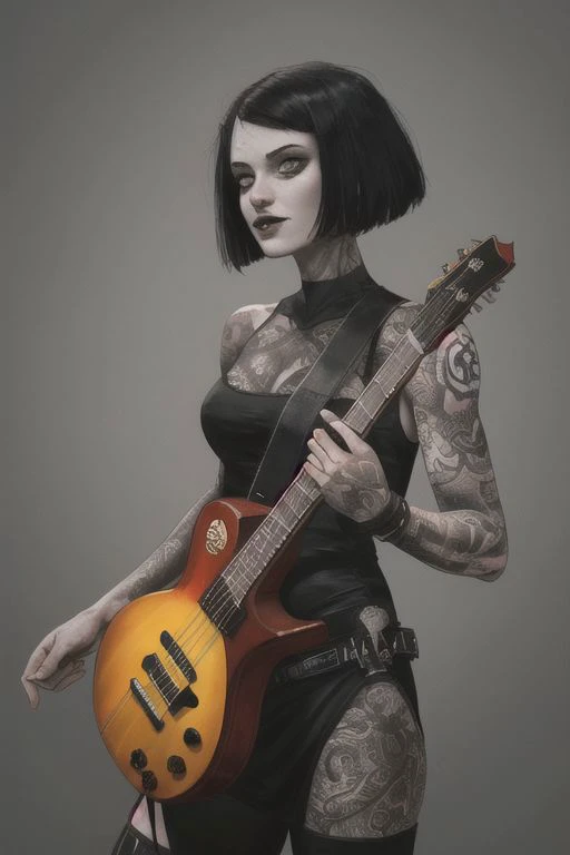 Female, grey skin, goth clothing, gothic tattoos, bard, cyberpunk-bob-cut, playing lute, dark, 4k, beautiful, color_scheme: black and red, fantasy